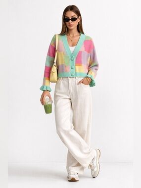 OLIVIA RUBIN Jessie Pastel Cropped Knit Cardigan Preppy Girly Revolve Size Large